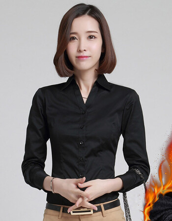 加绒黑色衬衫女长袖v领工作服正装秋冬2018新款打底修身保暖衬衣 黑色