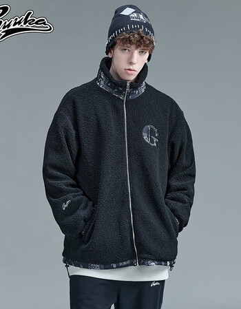 guuka古由卡潮牌羊羔绒外套男2021秋冬新款嘻哈复古腰果花印花刺绣