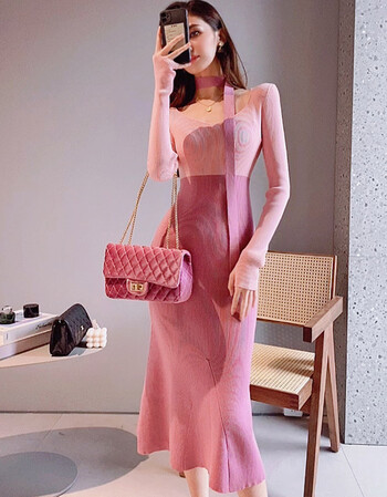 粉红大布娃娃针织连衣裙女春秋新款气质长袖修身显瘦v领打底裙浅粉色s