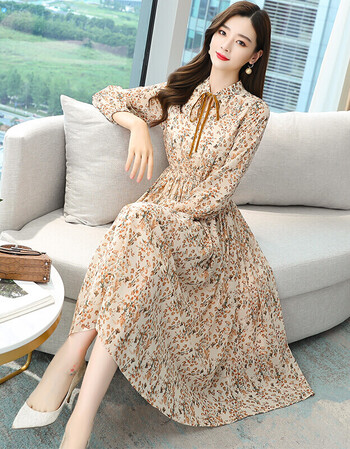 法式花卉印花雪纺连衣裙显瘦气质中长款连衣裙长袖碎花中长裙杏色l