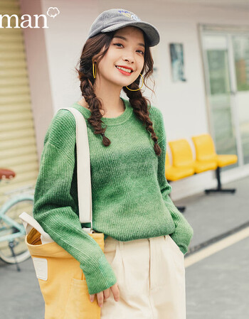 2020春装新款圆领落肩袖撞色渐变宽松套头针织衫上衣女 黄绿色 s