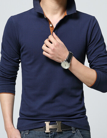 男上衣冬季打底衫翻领polo衫针织体恤纯色衣服 深蓝色 m