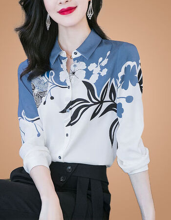 冰丝衬衫女春季新款时尚印花翻领百搭长袖上衣白色白色2xl建议120130