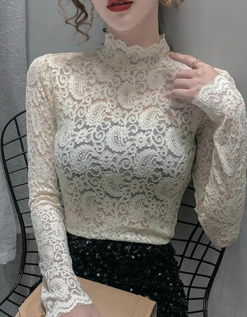 蕾丝内搭打底衫女四季洋气高领网纱紧身蕾丝衫半高领背心性感上衣腰果