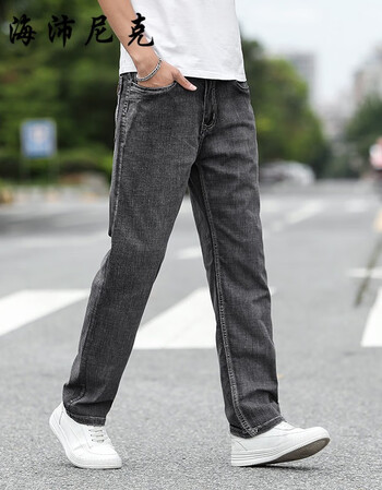 海沛尼克直筒裤男宽松牛仔裤浅蓝高腰深裆阔腿裤弹力男士肥腿大码长