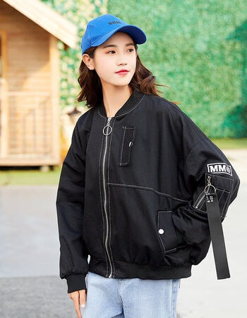 棒球服女2018春季外套 学生宽松百搭少女刺绣 短款夹克 黑色 xl