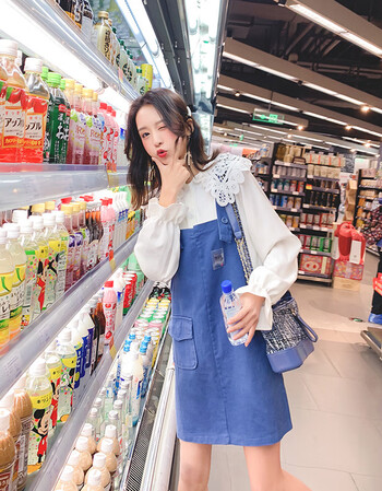 背带裙女短裙宽松小清新学院风吊带连衣裙韩版春装新款潮 蓝色 均码