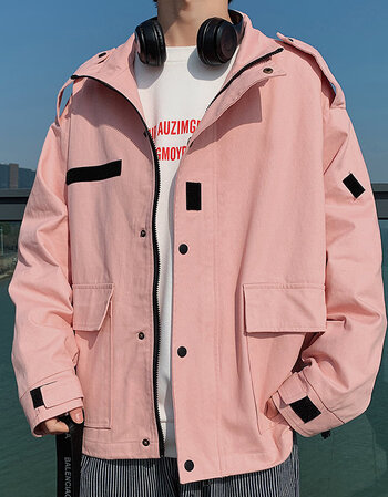 花花公子春季工装外套男ins秋装网红夹克粉色褂子男韩版潮流宽松百搭