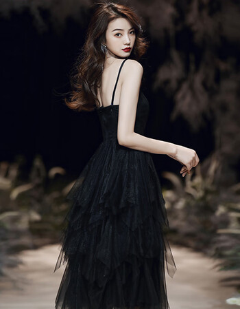 诺丽缇宴会晚礼服女黑色吊带洋装小礼服生日派对连衣裙平时可穿气质短