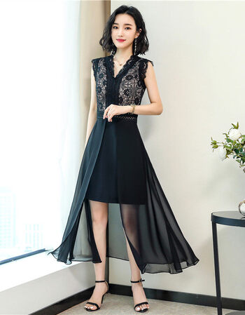 无袖蕾丝拼接连衣裙2018新款夏季韩版v领显瘦大摆燕尾裙收腰长裙 黑色