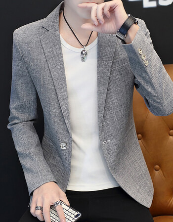 春秋季男士长袖亚麻小西装韩版青少年修身纯色薄款西服男外套 灰色809