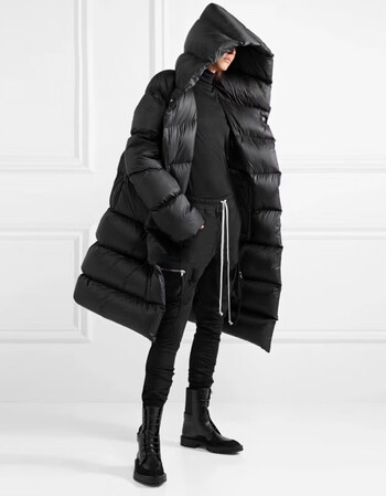 连帽中长款羽绒服女冬装时尚暗黑超长袖过膝加厚面包服外套 黑色鸭绒