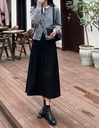 半身裙女高腰毛呢新款春秋季显瘦百搭遮胯裙子黑色无口袋s95斤以下