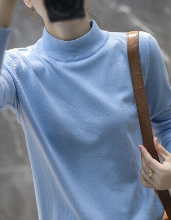 秋冬新款半高领毛衣女韩版套头针织打底衫天蓝色均码