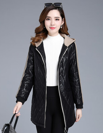 新款短棉服女2018撞色水洗皮pu棉衣连帽宽松显瘦时尚百搭外套 黑色 xl