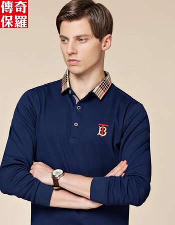 传奇保罗长袖polo衫男翻领长袖绣标刺绣格子衬衣领商务绅士休闲男装
