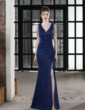 礼服女2022新款夏季高级质感主持人宴会气质鱼尾长款连衣裙性感藏蓝色