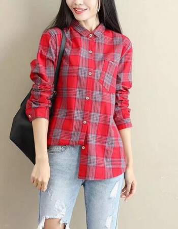 大方格子衬衫女长袖2018春季韩版棉麻宽松衬衣学生百搭短款上衣 红色