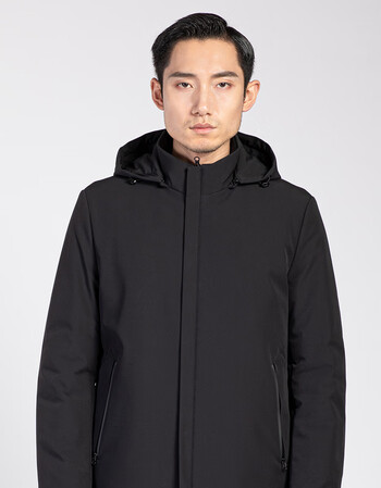 老美华2020冬季长款风衣羽绒服长袖黑色连帽中老年羽绒服黑色3xl