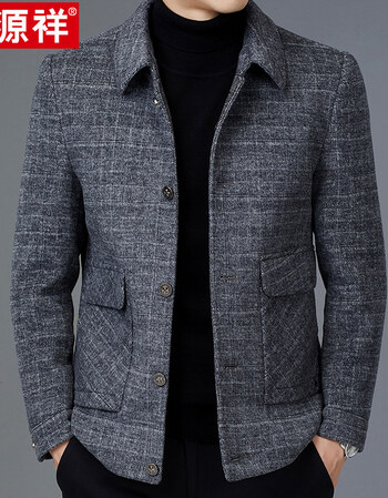 恒源祥冬季毛呢夹克男中年格子商务休闲短款双面呢外套男羊毛翻领灰色