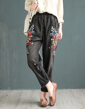 2019早春新款文艺刺绣印花牛仔裤女复古风高腰古风刺绣牛仔裤休闲裤