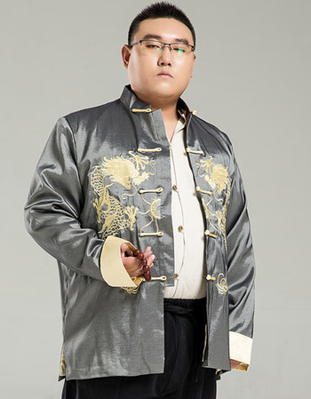 男士民族风休闲外套胖子加肥加大码唐装夹克刺绣大龙中国风 灰色 110