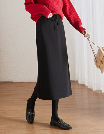 sofsil索菲丝尔2021冬新款松紧腰休闲运动风加厚加绒直筒开叉半身裙女