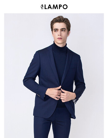 lampo蓝豹秋冬全季全羊毛西服套装男正装中蓝色超修身男士套装西服