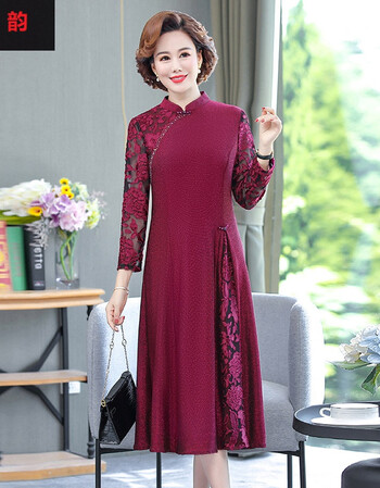 旗袍打底连衣裙女中老年人春秋结婚礼服婆婆婚宴连衣裙子女红色2xl