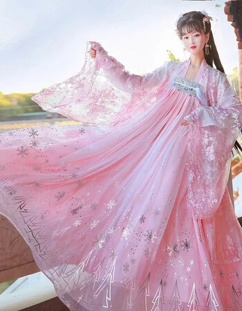 曲齐腰长裙古风学生演出服古装大摆裙套装表演服 粉色【齐胸三件套】