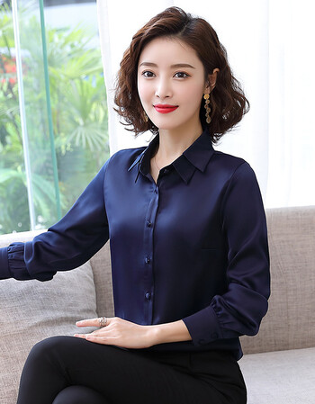 雪纺衬衫女长袖春秋新款时尚翻领缎面上衣洋气百搭打底衫衬衣女装蓝色