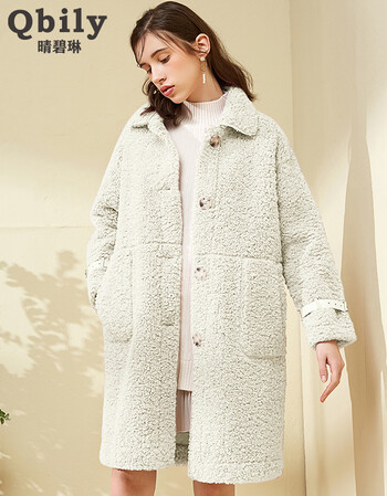 晴碧琳2019春装新款翻领落肩长袖毛绒外套女 中长仿羊羔绒大衣 白色 s