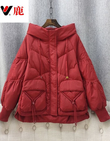 雅鹿 羽绒服女短款2021冬季新款韩版宽松连帽冬装白鸭绒外套潮 酒红色