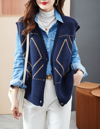 德玛纳秋季新款针织马甲女百搭开衫几何图案背心外套藏蓝色s