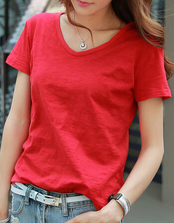 女v领色半截袖t恤净色大码竹节棉t桖新品04051 红色 s
