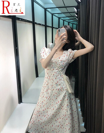 超仙女气质小个子森系方领碎花雪纺连衣裙女夏季茶歇裙青少女连衣裙l