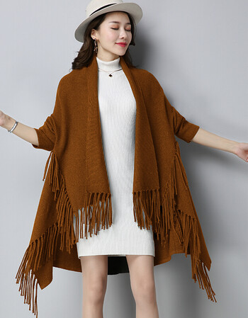 潮a字型流苏下摆针织斗蓬羊毛开衫外套外搭披肩毛衣韩版休闲时尚百搭