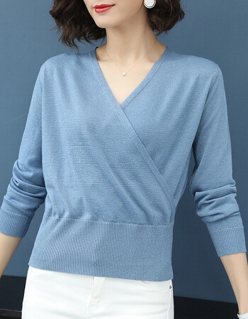 薄款羊毛衫女2019春款新款交叉领长袖亮丝针织衫套头闪光丝毛衣 蓝色