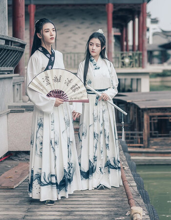 e街汉服男女新款情侣装古风水墨交领印花齐腰襦裙超仙大袖衫魏晋风