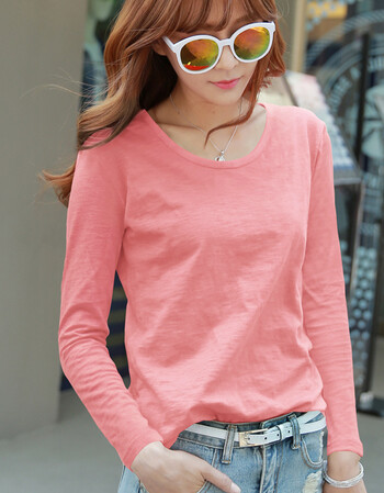 纯棉打底衫女春装2019新款长袖t恤女竹节棉宽松粉色上衣纯色体桖 水