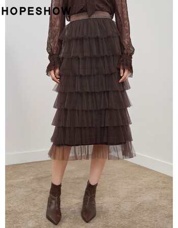 红袖千层网纱裙秋季新款女装松紧要半身别致蛋糕长裙浓郁可可041l