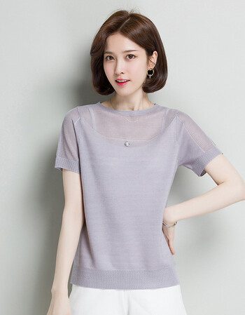 2019夏季新款女套头薄款镂空针织打底衫短袖夏天t恤短款上衣 灰紫 xl
