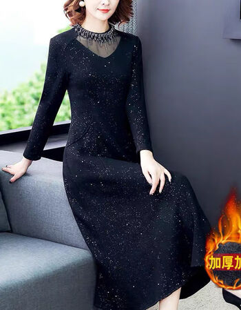 浮泽裙子秋冬连衣裙高端洋气女冬裙加厚加绒打底妈妈时尚中长款加绒