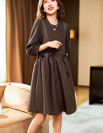 莱倪晟纳长袖秋冬连衣裙女装21年秋季新款韩版宽松时尚气质针织假两件