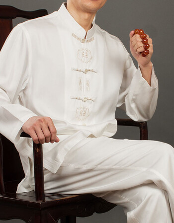 百福龙男士唐装长袖衬衫 白色中式立领盘扣衬衣 民族服装男 米白套装