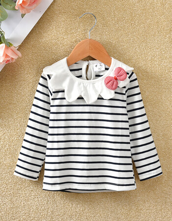女童t恤女上衣女宝宝小衫纯棉娃娃领春秋长袖白色儿童打底衫 黑白条子