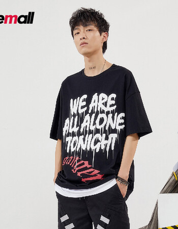 glemall 潮牌【禁区系列】宽松棉弹撞色涂鸦印花街头运动男士半袖t恤