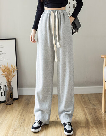 96推荐秋冬焕新轻奢抽绳阔腿裤女春秋冬高腰垂感宽松直筒运动裤黑色