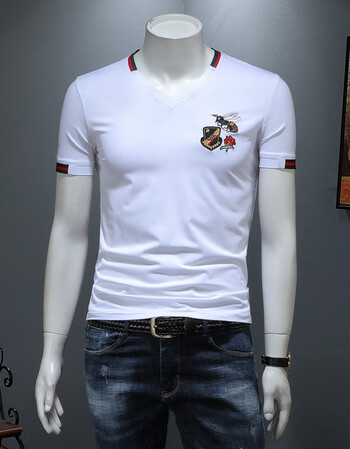 索仑迪 2019小蜜蜂刺绣丝光棉v领男士短袖t恤 白色 m