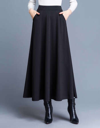 半身裙女有口袋新款半身裙中长裙高腰大摆裙女秋冬百搭跳舞a字裙黑色l